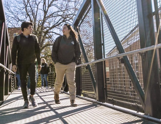 students on pedestrian bridge