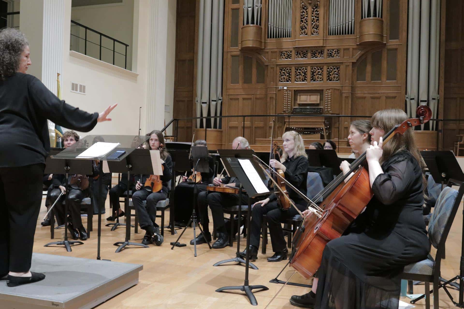 Musicians wearing black watch and wait for their conductor to direct them.
