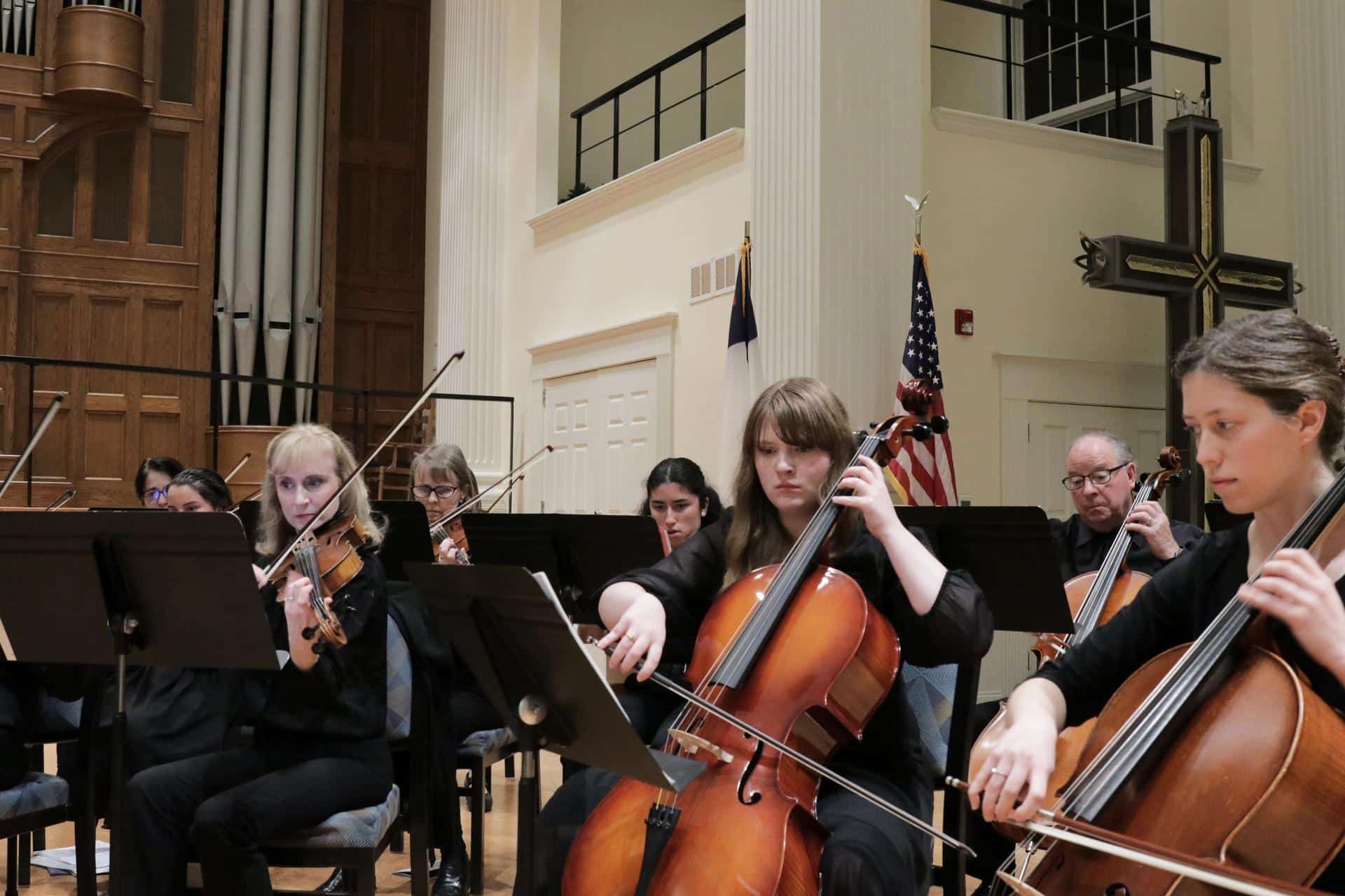 Musicians play string instruments in a performing hall.