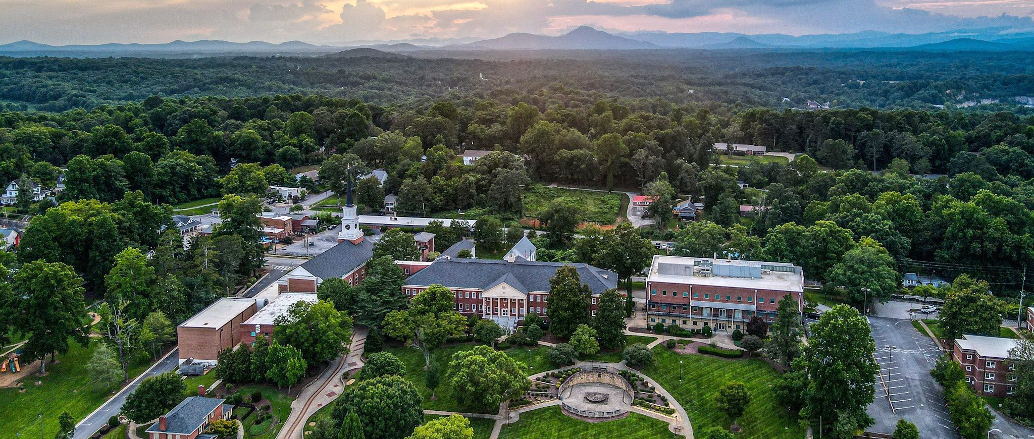 Aerial view of Piedmont University, with mountains in the background