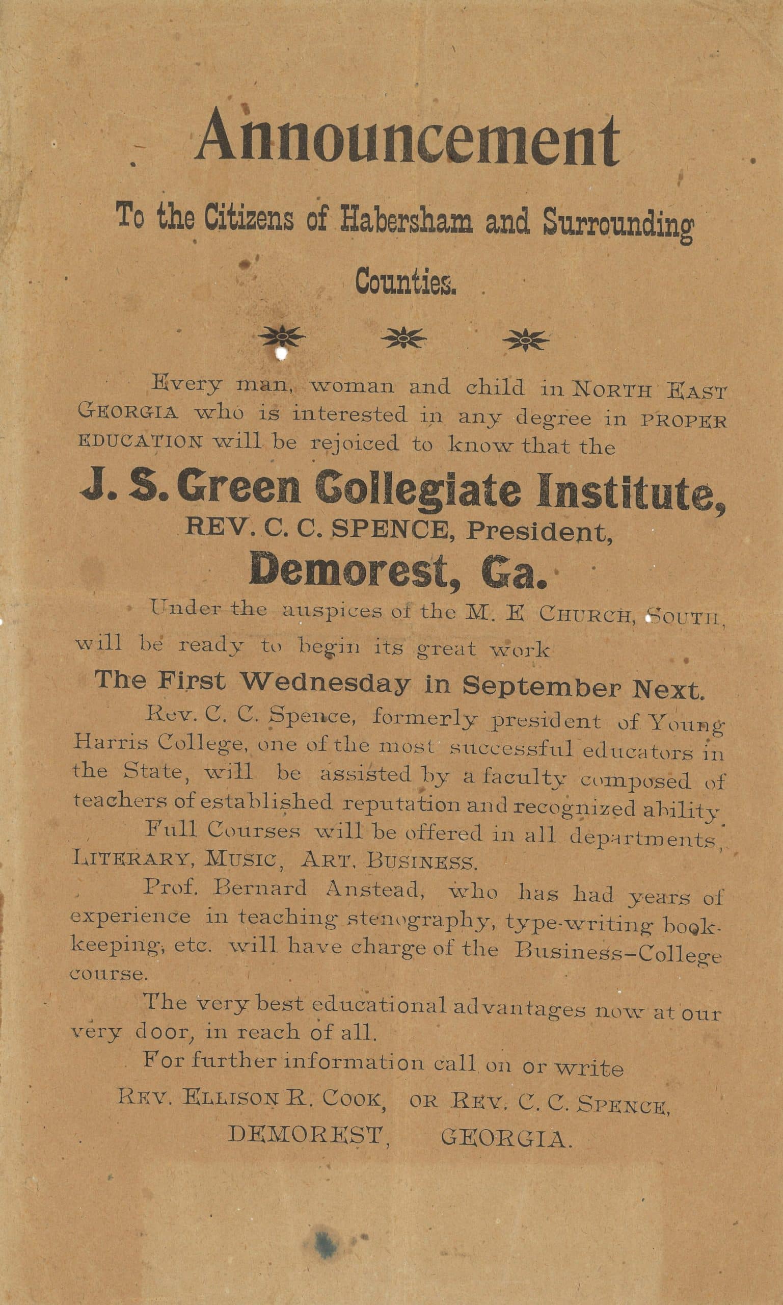 Bulletin announcing the first opening of Piedmont University