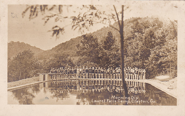 LES-11 Campers standing on the edge of the concrete pool in swim suits at Laurel Falls Camp for Girls, 1928 (photo courtesy of Susan Hamersky)