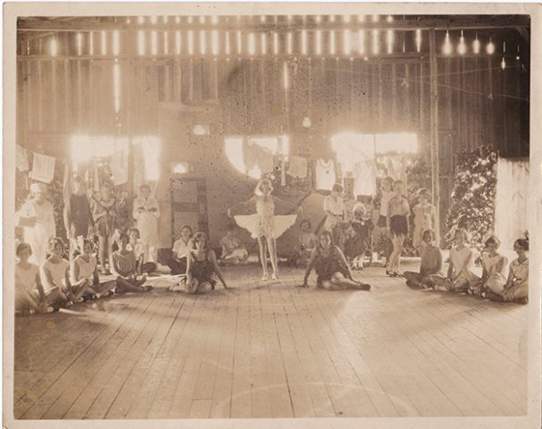 LES-13 Camper Kennon Henderson (center) dressed as a doll in the cabaret, “The Doll Dance” at Laurel Falls Camp for Girls, 1928 (photo courtesy of Susan Hamersky)